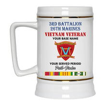 Load image into Gallery viewer, 3RD BATTALION 26TH MARINES BEER STEIN 22oz GOLD TRIM BEER STEIN