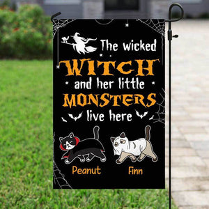 Halloween Cat Wicked Witch And Little Monsters Personalized Garden Flag 12"X18"