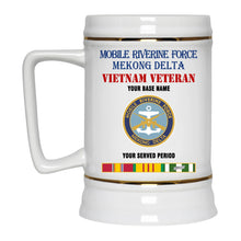 Load image into Gallery viewer, MOBILE RIVERINE FORCE MEKONG DELTA BEER STEIN 22oz GOLD TRIM BEER STEIN