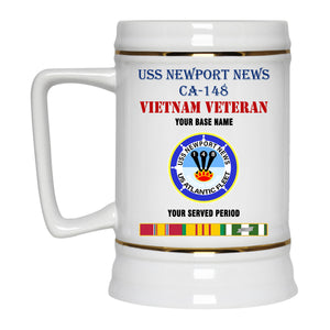 USS NEWPORT NEWS CA 148 BEER STEIN 22oz GOLD TRIM BEER STEIN